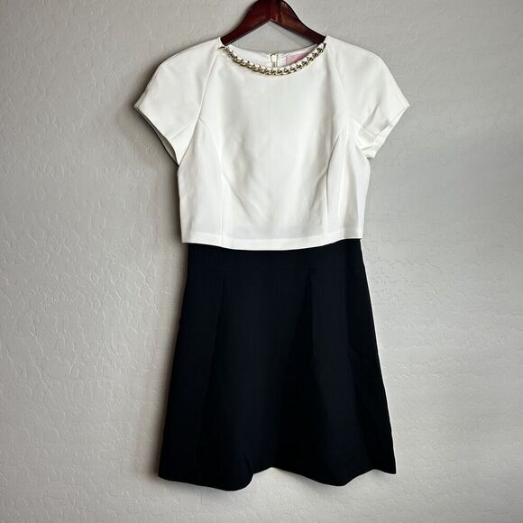 TED BAKER SHEATH DRESS SIZE 1 US 4 Black White Color Block Chain Neckline - Picture 1 of 10
